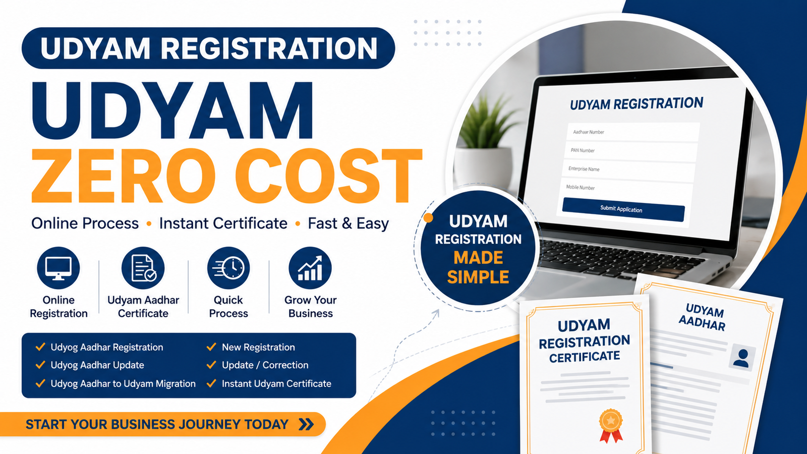 Udyam Zero Cost Registration Online | Free Udyam Aadhaar | MSME Certificate Registration